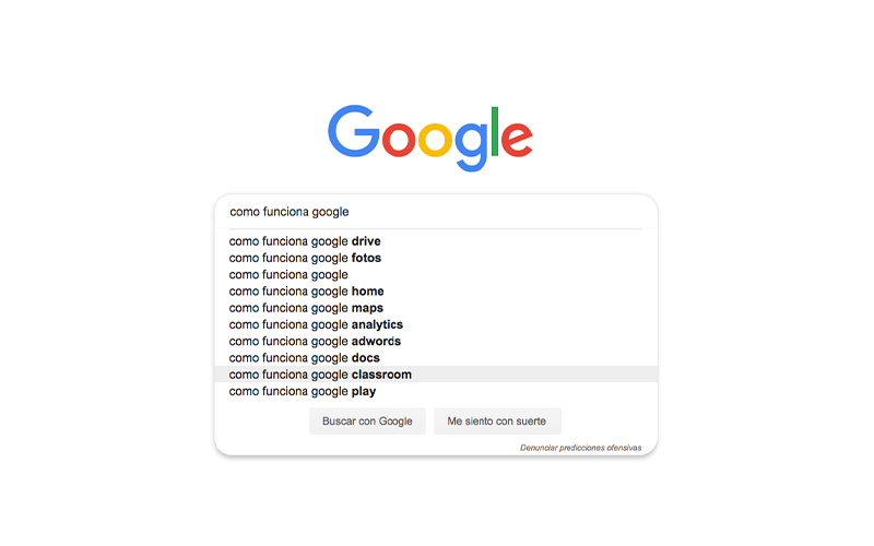 Sugerencias y resultados de búsqueda de Google